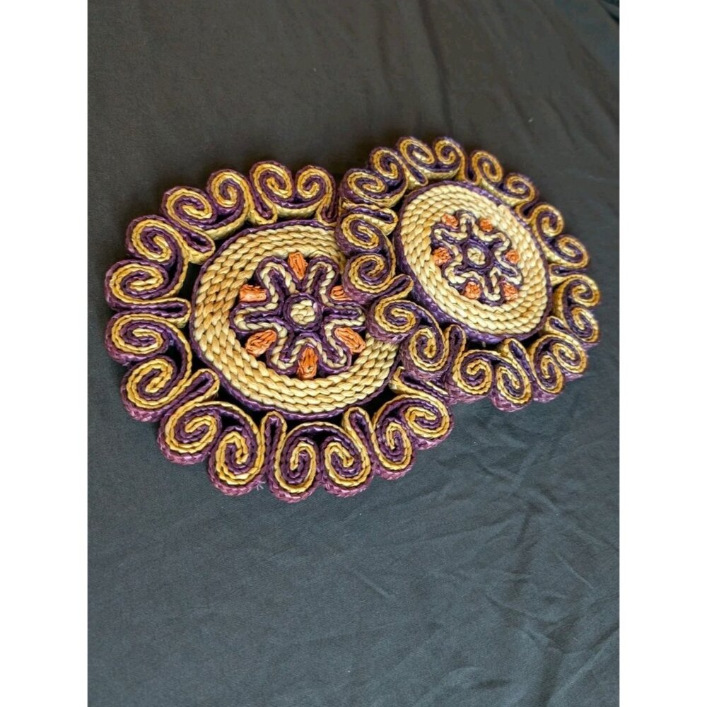 VTG Set Of 2 Woven Boho Straw Hot Pad Trivet Floral Potholders Wall Hangers